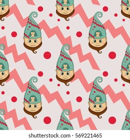 The dwarf's head seamless pattern. Background with cute gnome and little cat. Funny background for holiday decorations, greetings, and birthday cards, wrapping paper. Vector clip art.