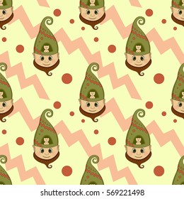 The dwarf's head seamless pattern. Background with cute gnome and little cat. Funny background for holiday decorations, greetings, and birthday cards, wrapping paper. Vector clip art.