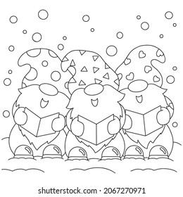 The dwarfs are singing Christmas carols. Coloring book page for kids. Cartoon style character. Vector illustration isolated on white background.