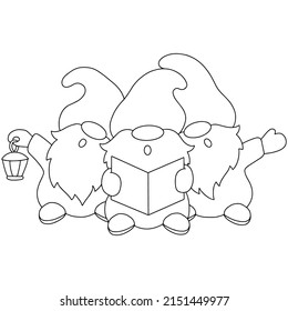 The dwarfs are singing Christmas carols. Coloring book page for kids. Cartoon style character. Vector illustration isolated on white background.