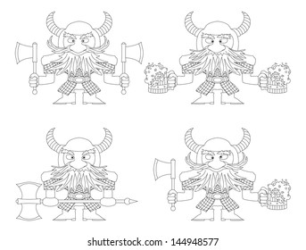Dwarfs warriors in armor and helmets standing with beer mugs and axes, comic cartoon characters, set, black contour on white background. Vector