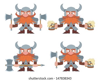 Dwarfs warriors in armor and helmets standing with beer mugs and axes, funny comic cartoon characters, set. Vector