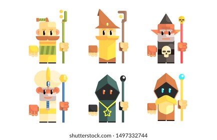 Dwarves with Magical Staves Set, Fairy Tale Design Elements, Fantasy Game Heroes Vector Illustration