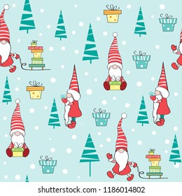 Dwarves of Santa Claus seamless pattern on a blue background