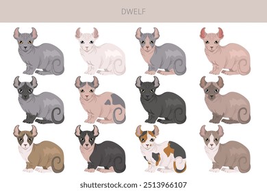 Dwelf Cat clipart. Alle Fellfarben eingestellt.  Alle Katze Rassen Merkmale Infografik. Vektorgrafik