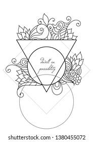 Dwell in possibility quote  zentangle inspired motivational postcard design with oriental tribal ornaments. Ornamental sacred geometry coloring page.