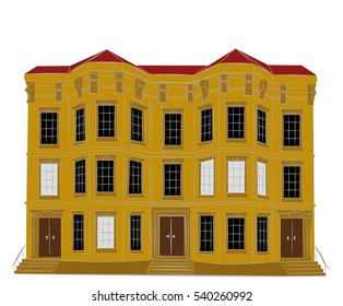 Dwelling house. Classical town architecture. Vector historical building. City infrastructure. Cityscape. Real estate. Urban village landscapes elements. Townhouse facade. 