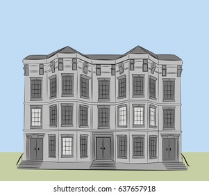 Dwelling house. Classical town architecture. Vector historical building. City infrastructure. Cityscape. Real estate. Urban village landscapes elements. Townhouse facade. 