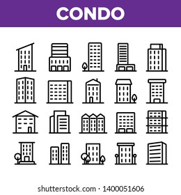 Dwelling House, Condo Linear Vector Icons Set. Condo, Apartment Buildings Thin Line Contour Symbols Pack. Residential Area, Metropolis Pictograms Collection. Urban Architecture Outline Illustrations