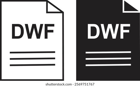 DWF file icon set. DWF file type symbol. File DWF format icon in black filled and outlined style isolated on transparent background. Ideal for technology or data related content, vector illustration.