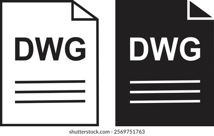 DWG file icon set. DWG file type symbol. File DWG format icon in black filled and outlined style isolated on transparent background. Ideal for technology or data related content, vector illustration.