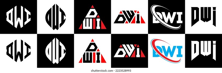 DWI letter logo design in six style. DWI polygon, circle, triangle, hexagon, flat and simple style with black and white color variation letter logo set in one artboard. DWI minimalist and classic logo