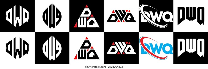 DWQ letter logo design in six style. DWQ polygon, circle, triangle, hexagon, flat and simple style with black and white color variation letter logo set in one artboard. DWQ minimalist and classic logo