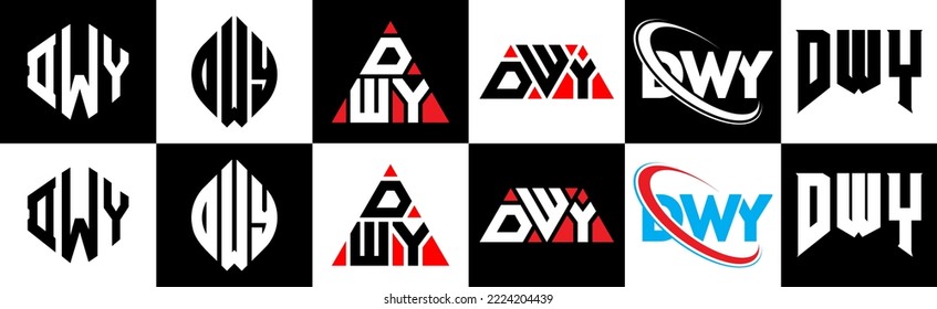 DWY letter logo design in six style. DWY polygon, circle, triangle, hexagon, flat and simple style with black and white color variation letter logo set in one artboard. DWY minimalist and classic logo