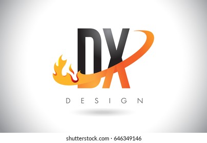 DX D X Letter Logo Design with Fire Flames and Orange Swoosh Vector Illustration.