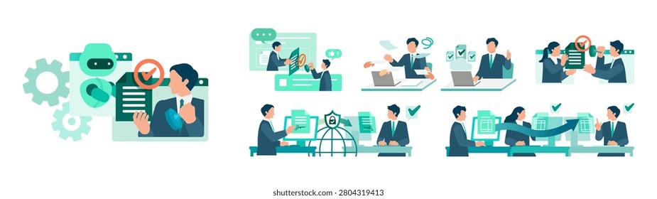 DX digital workflow illustration set, business approval process with AI document creation, online chat authorization, electronic signature and paperless contract management vector bundle