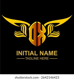 DX Golden Wing Emblem Logo with elegant gold wings, sleek and modern design. Ideal for branding, creative projects, luxury businesses, or artistic ventures.