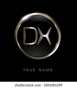 DX initial letters with circle elegant logo golden silver black background