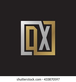 DX initial letters looping linked square elegant logo golden silver black background