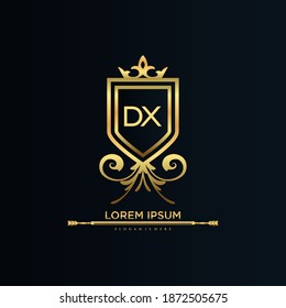 Carta DX Inicial con plantilla real.elegante con el vector de logotipo de la corona, Ilustración vectorial con logotipo de letras creativas.