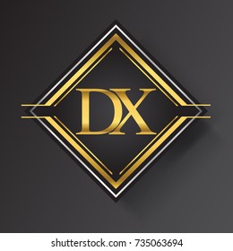 DX Letter logo in a square shape gold and silver colored geometric ornaments. Vector design template elements for your business or company identity.