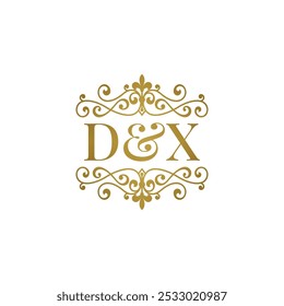 DX logo with gold ornament. Initials D ampersand X for business partner or wedding symbol