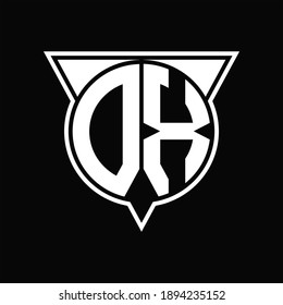 Monograma del logotipo DX con forma de círculo y medio triángulo redondeado sobre fondo negro