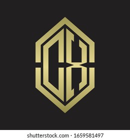 DX-Logo-Monogramm mit hexagonfarbiger Form und Rahmenschnitt-Stil mit goldfarbigen Farben