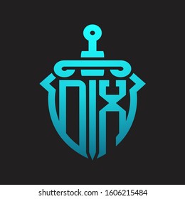 DX Logo monogram with sword and shield combination isolated blue colors gradient