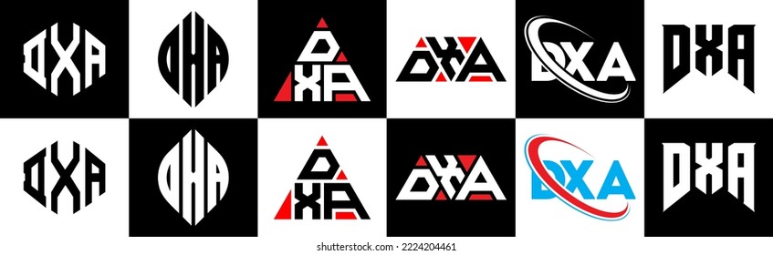 DXA letter logo design in six style. DXA polygon, circle, triangle, hexagon, flat and simple style with black and white color variation letter logo set in one artboard. DXA minimalist and classic logo