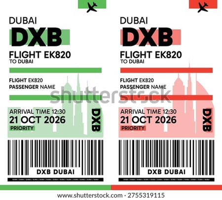 DXB, Dubai, UAE luggage label, boarding pass template. Vector minimalist illustration with airport code, city destination, flight info. Flat, modern image layout