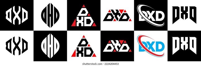 DXD letter logo design in six style. DXD polygon, circle, triangle, hexagon, flat and simple style with black and white color variation letter logo set in one artboard. DXD minimalist and classic logo