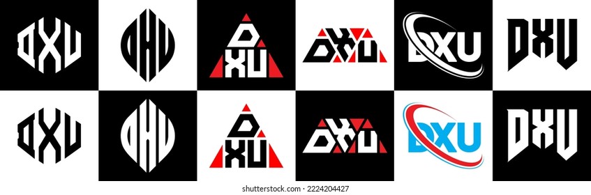 DXU letter logo design in six style. DXU polygon, circle, triangle, hexagon, flat and simple style with black and white color variation letter logo set in one artboard. DXU minimalist and classic logo