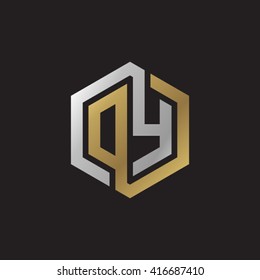 DY initial letters loop linked hexagon elegant logo golden silver black background