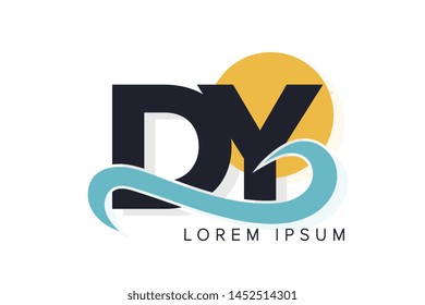 DY letter logo with ocean waves and sunset. Beach concept design