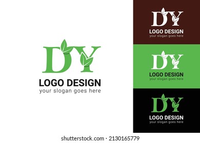 DY letters eco logo with leaf. Vector typeface for nature posters, eco friendly emblem, vegan identity, herbal and botanical cards etc. Ecology DY letters logo with green leaf.