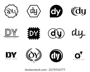 DY logo company template. Letter d and y logotype. Set different classic serif lettering and modern bold text with design elements. Initial font typography. Collection trendy business identity.