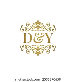 DY logo with gold ornament. Initials D ampersand Y for business partner or wedding symbol