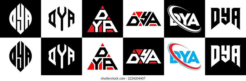 DYA letter logo design in six style. DYA polygon, circle, triangle, hexagon, flat and simple style with black and white color variation letter logo set in one artboard. DYA minimalist and classic logo