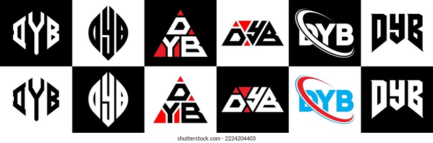 DYB letter logo design in six style. DYB polygon, circle, triangle, hexagon, flat and simple style with black and white color variation letter logo set in one artboard. DYB minimalist and classic logo