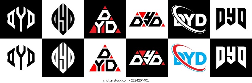 DYD letter logo design in six style. DYD polygon, circle, triangle, hexagon, flat and simple style with black and white color variation letter logo set in one artboard. DYD minimalist and classic logo