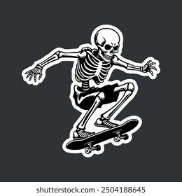 dye cut sticker style design of a skeleton riding a skateboard, white outline, black background