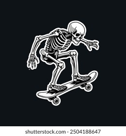 dye cut sticker style design of a skeleton riding a skateboard, white outline, black background