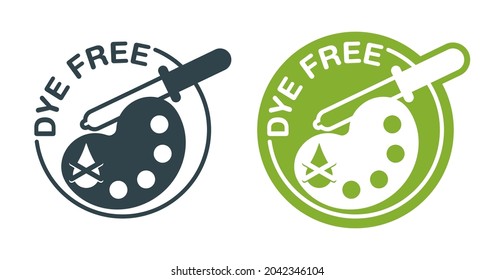 Dye free pictigram - products without artificial colors - organic food sticker with strikethrough painting pallette and eyedropper - vector packaging label in flat decoration