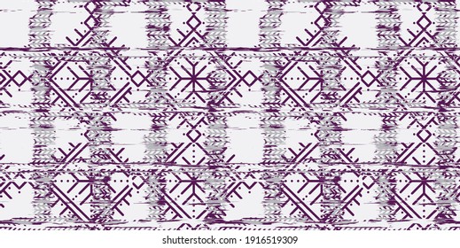 Dye geo motifs seamless pattern. Vector tie dye shibori print with stripes and folklore . Ink textured japanese background. Ethnic fabric vector. Bohemian fashion watercolor texture. African rug.