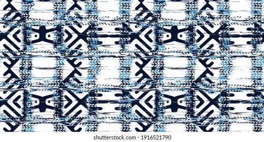 Dye geo motifs seamless pattern. Vector tie dye shibori print with stripes and folklore . Ink textured japanese background. Ethnic fabric vector. Bohemian fashion watercolor texture. African rug.