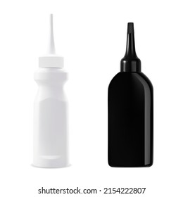 Juego de botellas de pelo de tinte. Embalaje de productos de color de pelo. Embalaje cosmético de color salon aislado sobre fondo blanco. Colección de tratamiento de teñido de pelo realista, vial de cuentagotas, envase de plástico