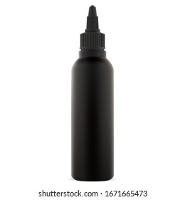 Dye hair color bottle. Black cosmetic tube mock up. Plastic container template for e juice vape liquid. Merchandise container without label for cream or lotion. Empty jar isolated on white background