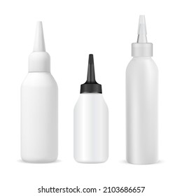 Dye hair color tube mockup. Hair paint bottle set. Realistic glossy plastic hair dyeing container, woman styling products. Peroxide product in dropper packaging, professional coloring