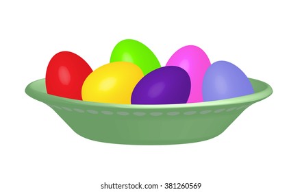 Dyed Easter eggs (red, blue, yellow, purple, green and pink) in a pea green bowl isolated on white background